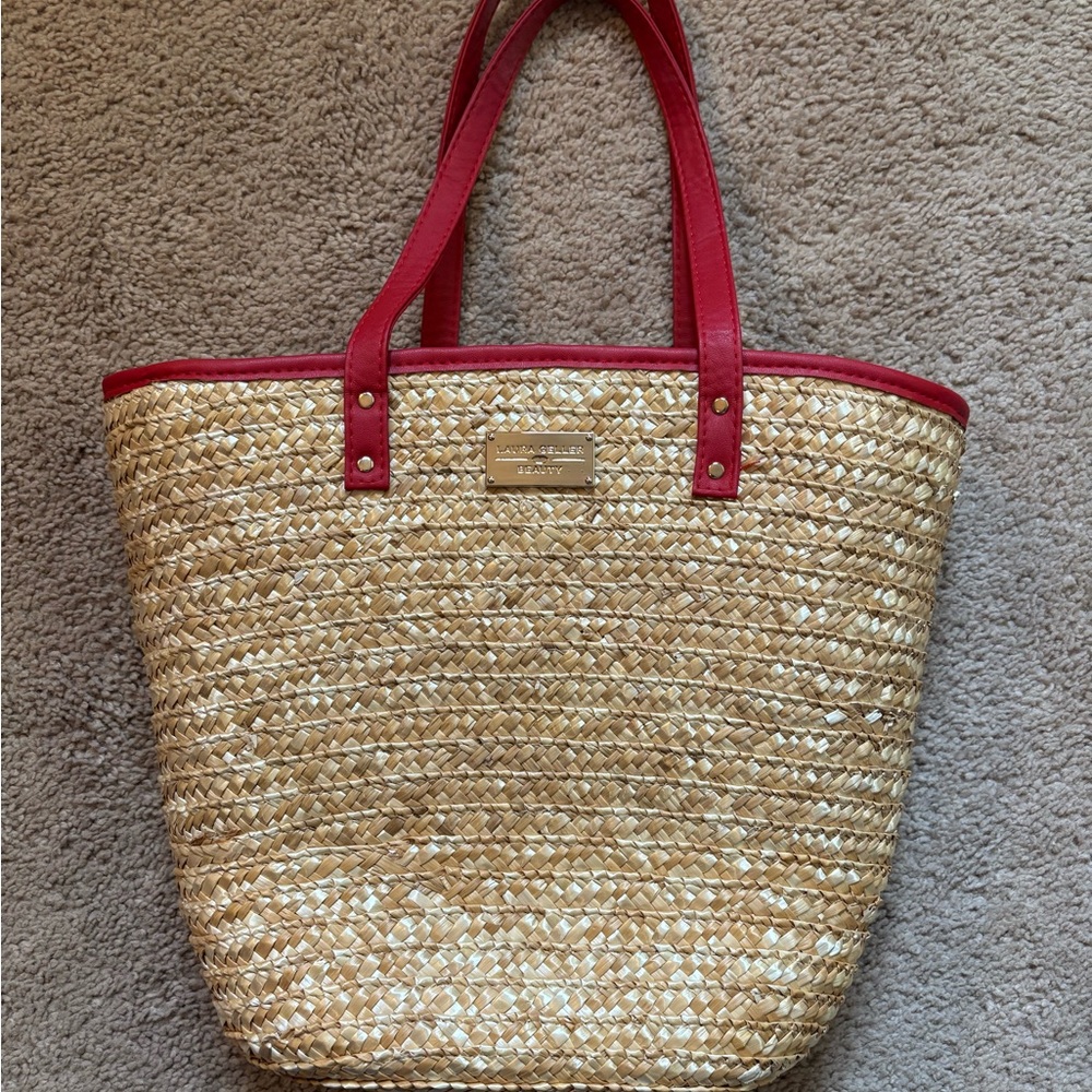 Laura Geller WovenStraw  Tote with Red Accents